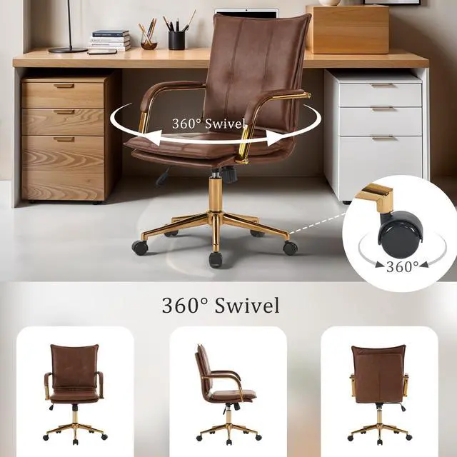 Alt view image 6 of 6 - Mid-Back Ergonomic Leather Office Desk Chair, Modern Upholstered Computer Chair, Executive Office Chair with Arms, Swivel Adjustable Rolling Chair with Gold Base (Brown)