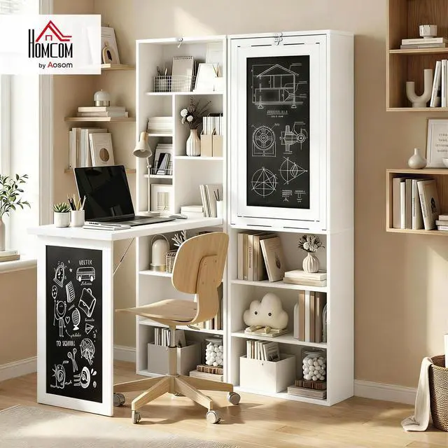 Alt view image 2 of 6 - Foldable Convertible Writing Table, Wall Mounted Space-Saving Computer Desk with Chalkboard and Storage Shelves for Small Spaces, Home Office, Bedroom, Dorm, Apartment, White