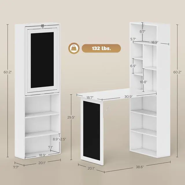 Alt view image 3 of 6 - Foldable Convertible Writing Table, Wall Mounted Space-Saving Computer Desk with Chalkboard and Storage Shelves for Small Spaces, Home Office, Bedroom, Dorm, Apartment, White