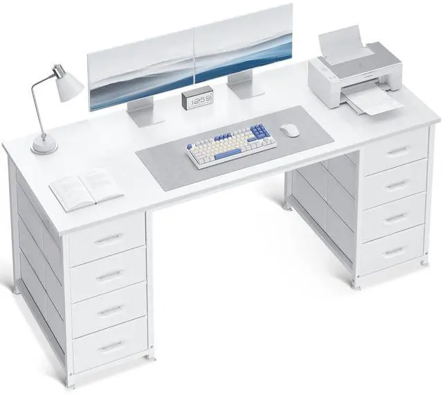 Main image of 55 Inch Computer Desk with 8 Fabric Drawers, Modern Office Desk with Large Storage for Home Office, Study, Gaming, White
