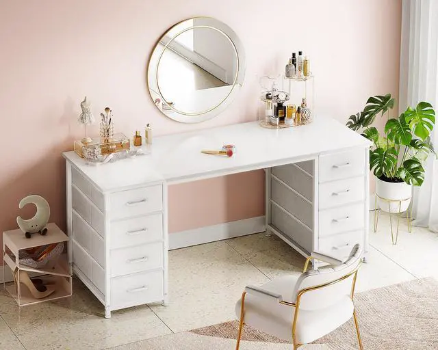 Alt view image 2 of 6 - 55 Inch Computer Desk with 8 Fabric Drawers, Modern Office Desk with Large Storage for Home Office, Study, Gaming, White