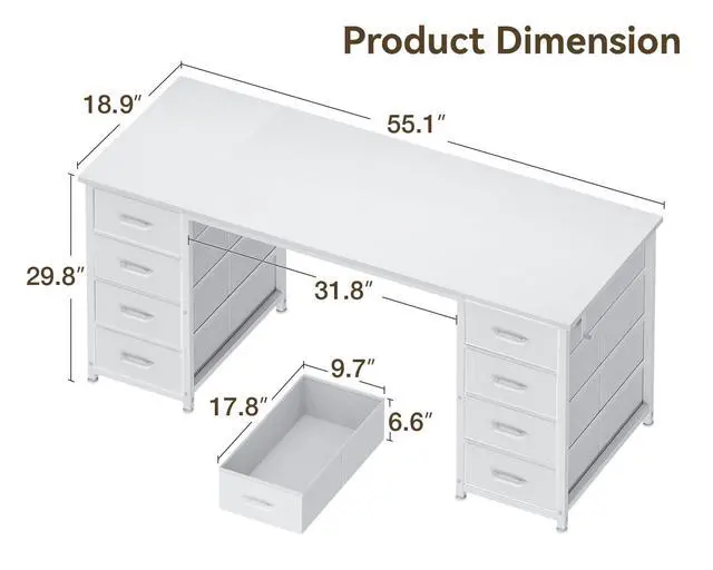 Alt view image 3 of 6 - 55 Inch Computer Desk with 8 Fabric Drawers, Modern Office Desk with Large Storage for Home Office, Study, Gaming, White