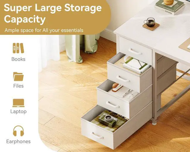 Alt view image 4 of 6 - 55 Inch Computer Desk with 8 Fabric Drawers, Modern Office Desk with Large Storage for Home Office, Study, Gaming, White