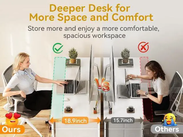 Alt view image 5 of 6 - 55 Inch Computer Desk with 8 Fabric Drawers, Modern Office Desk with Large Storage for Home Office, Study, Gaming, White