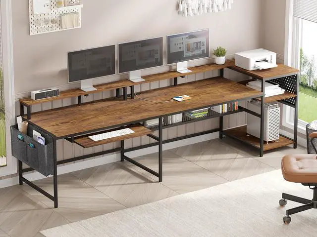 Alt view image 2 of 6 - L Shaped Computer Desk, Reversible Computer Desks, L Shaped Desk with Power Outlets & LED Strip, Monitor Shelf, Keyboard Tray, Pegboard and Storage Shelves for Home Office, Rustic Brown
