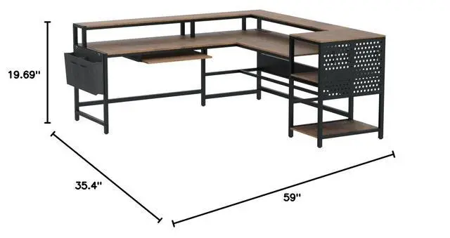 Alt view image 3 of 6 - L Shaped Computer Desk, Reversible Computer Desks, L Shaped Desk with Power Outlets & LED Strip, Monitor Shelf, Keyboard Tray, Pegboard and Storage Shelves for Home Office, Rustic Brown