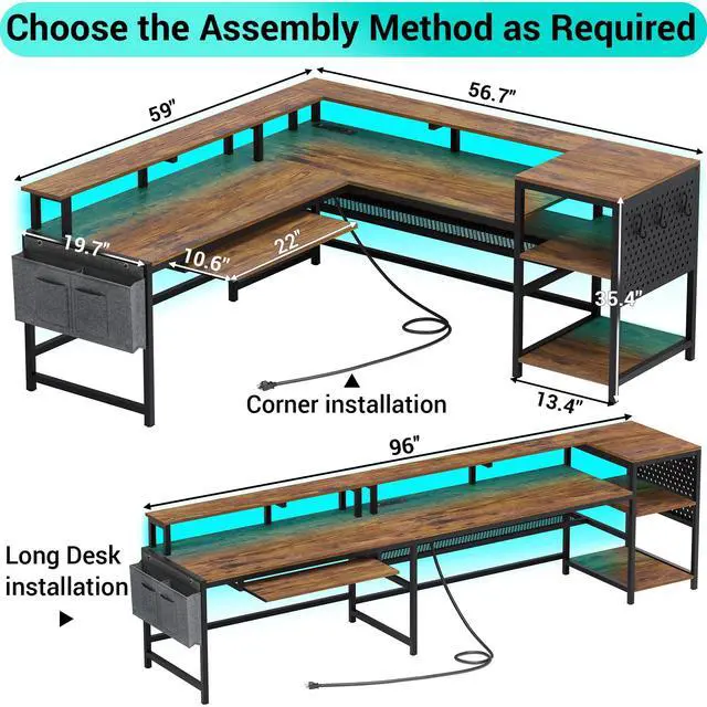 Alt view image 4 of 6 - L Shaped Computer Desk, Reversible Computer Desks, L Shaped Desk with Power Outlets & LED Strip, Monitor Shelf, Keyboard Tray, Pegboard and Storage Shelves for Home Office, Rustic Brown