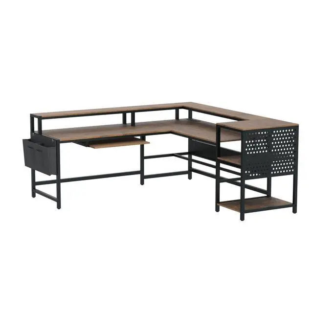 Alt view image 5 of 6 - L Shaped Computer Desk, Reversible Computer Desks, L Shaped Desk with Power Outlets & LED Strip, Monitor Shelf, Keyboard Tray, Pegboard and Storage Shelves for Home Office, Rustic Brown
