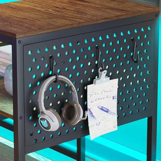 Alt view image 6 of 6 - L Shaped Computer Desk, Reversible Computer Desks, L Shaped Desk with Power Outlets & LED Strip, Monitor Shelf, Keyboard Tray, Pegboard and Storage Shelves for Home Office, Rustic Brown