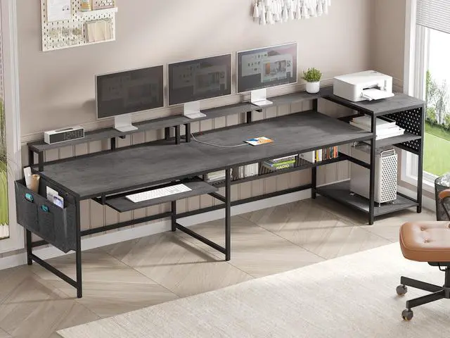 Alt view image 2 of 6 - L Shaped Gaming Desk, Convertible 96" Home Office Desk or Corner Desk, L Shaped Table with Power Outlets & LED Strip, Monitor Stand, Keyboard Tray, Pegboard and Storage Shelves, Grey