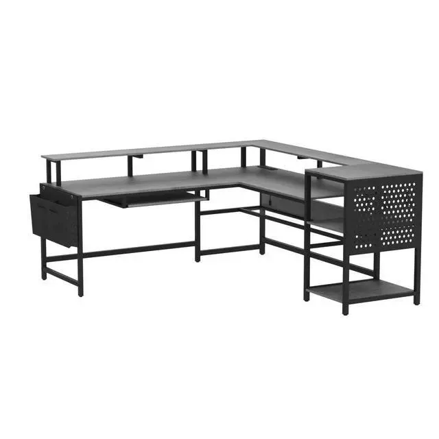 Alt view image 5 of 6 - L Shaped Gaming Desk, Convertible 96" Home Office Desk or Corner Desk, L Shaped Table with Power Outlets & LED Strip, Monitor Stand, Keyboard Tray, Pegboard and Storage Shelves, Grey