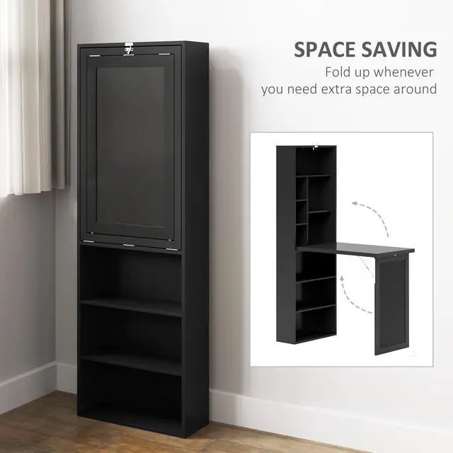 Alt view image 4 of 6 - Foldable Convertible Writing Table, Wall Mounted Space-Saving Computer Desk with Chalkboard and Storage Shelves for Small Spaces, Home Office, Bedroom, Dorm, Apartment, Black
