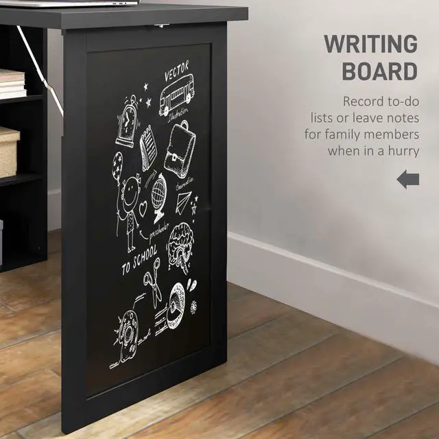 Alt view image 6 of 6 - Foldable Convertible Writing Table, Wall Mounted Space-Saving Computer Desk with Chalkboard and Storage Shelves for Small Spaces, Home Office, Bedroom, Dorm, Apartment, Black