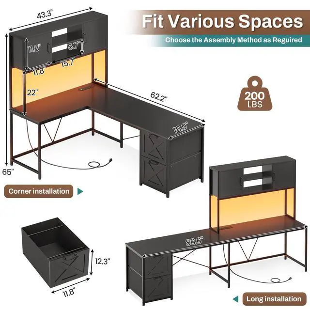 Alt view image 2 of 6 - Corner Computer Desk, Reversible L Shaped Computer Desk with Fabric Drawers and Power Outlet, Gaming Desk with Led Lights, Hutch and Storage Shelf for Home Office, Black
