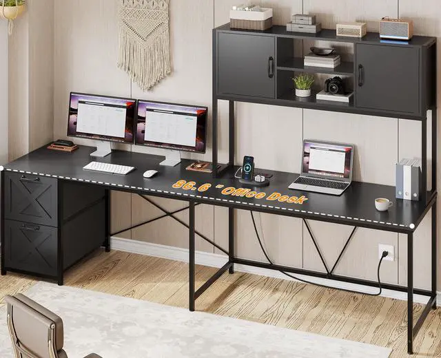 Alt view image 3 of 6 - Corner Computer Desk, Reversible L Shaped Computer Desk with Fabric Drawers and Power Outlet, Gaming Desk with Led Lights, Hutch and Storage Shelf for Home Office, Black