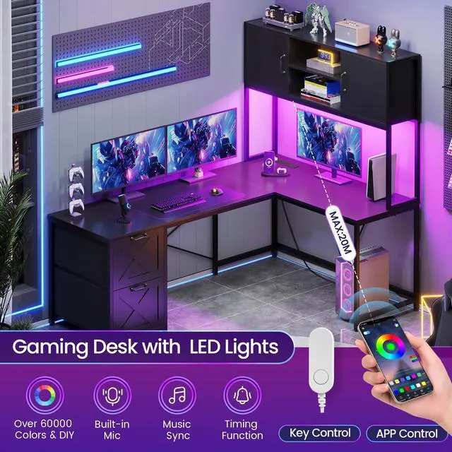 Alt view image 4 of 6 - Corner Computer Desk, Reversible L Shaped Computer Desk with Fabric Drawers and Power Outlet, Gaming Desk with Led Lights, Hutch and Storage Shelf for Home Office, Black
