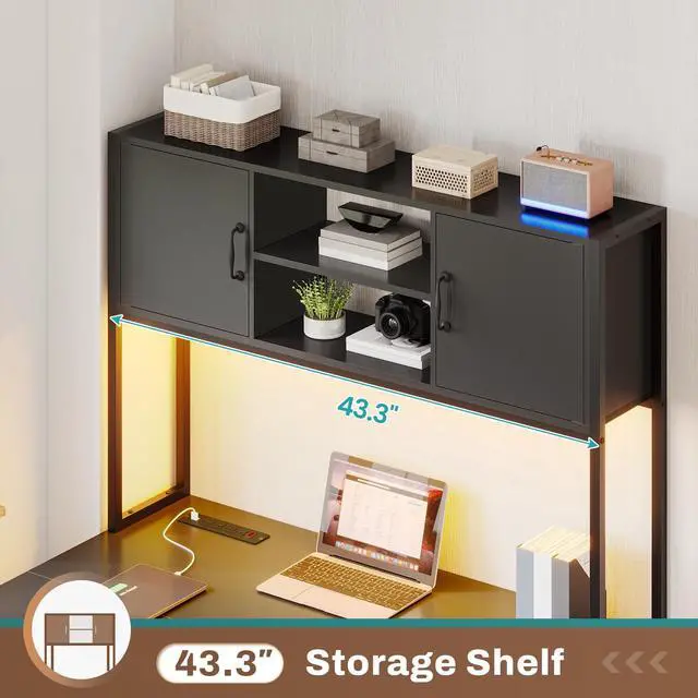Alt view image 5 of 6 - Corner Computer Desk, Reversible L Shaped Computer Desk with Fabric Drawers and Power Outlet, Gaming Desk with Led Lights, Hutch and Storage Shelf for Home Office, Black