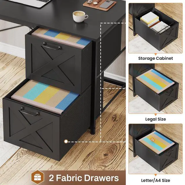 Alt view image 6 of 6 - Corner Computer Desk, Reversible L Shaped Computer Desk with Fabric Drawers and Power Outlet, Gaming Desk with Led Lights, Hutch and Storage Shelf for Home Office, Black
