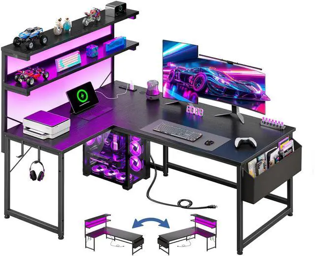 Main image of L Shaped Gaming Desk with No Side Bar Shelf for Small Space,Black | Open-Side Storage Rack with Printer Space and Hooks, Neat Arrangement & High Space Utilization