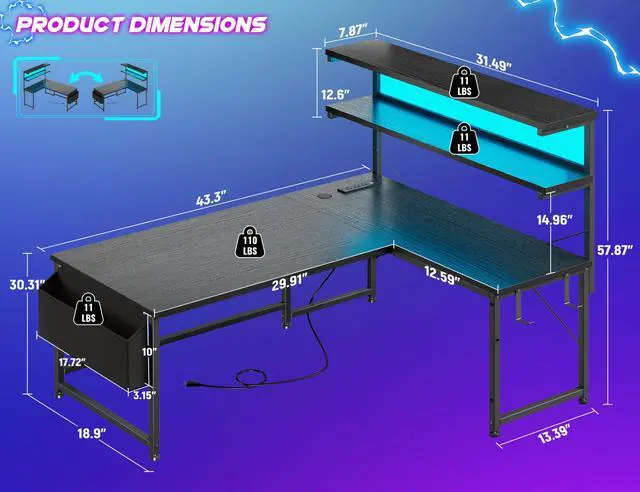 Alt view image 3 of 6 - L Shaped Gaming Desk with No Side Bar Shelf for Small Space,Black | Open-Side Storage Rack with Printer Space and Hooks, Neat Arrangement & High Space Utilization