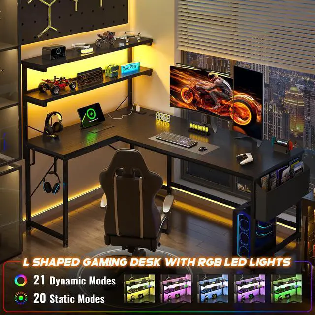 Alt view image 4 of 6 - L Shaped Gaming Desk with No Side Bar Shelf for Small Space,Black | Open-Side Storage Rack with Printer Space and Hooks, Neat Arrangement & High Space Utilization