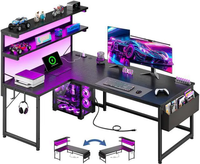 Main image of 53 Inch L Shaped Desk Gaming Desk with LED Light & 5 Power Outlet, Reversible Computer Desk with Shelf & Storage Bag Gamer Corner Desk with Headphone Hook for Gaming Room,Small Space,Black