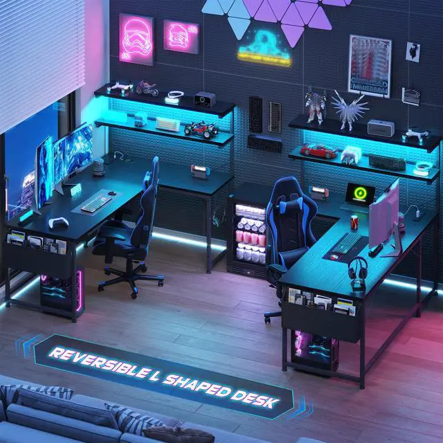 Alt view image 2 of 6 - 53 Inch L Shaped Desk Gaming Desk with LED Light & 5 Power Outlet, Reversible Computer Desk with Shelf & Storage Bag Gamer Corner Desk with Headphone Hook for Gaming Room,Small Space,Black