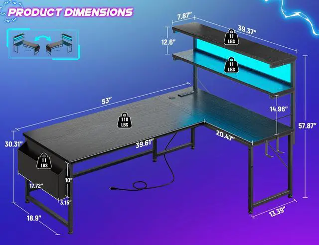 Alt view image 3 of 6 - 53 Inch L Shaped Desk Gaming Desk with LED Light & 5 Power Outlet, Reversible Computer Desk with Shelf & Storage Bag Gamer Corner Desk with Headphone Hook for Gaming Room,Small Space,Black