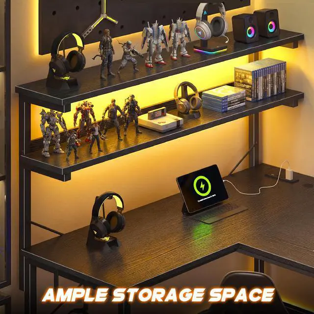 Alt view image 5 of 6 - 53 Inch L Shaped Desk Gaming Desk with LED Light & 5 Power Outlet, Reversible Computer Desk with Shelf & Storage Bag Gamer Corner Desk with Headphone Hook for Gaming Room,Small Space,Black