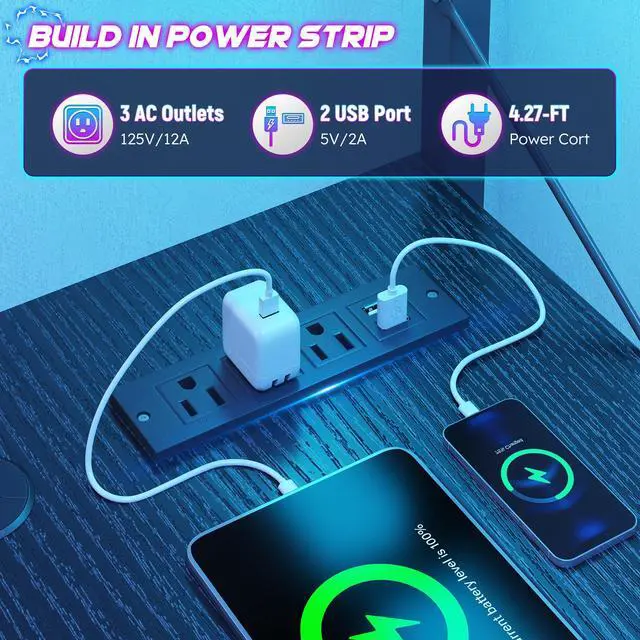 Alt view image 6 of 6 - 53 Inch L Shaped Desk Gaming Desk with LED Light & 5 Power Outlet, Reversible Computer Desk with Shelf & Storage Bag Gamer Corner Desk with Headphone Hook for Gaming Room,Small Space,Black