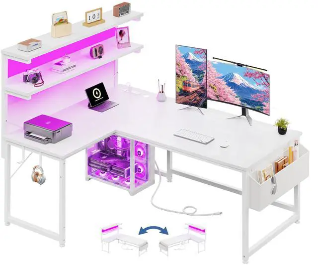Main image of L Shaped Desk Computer Desk with LED Light & Power Outlet, 43.3 Inch Reversible White Desk with Shelf & Storage Bag & Hook for Home Office, White