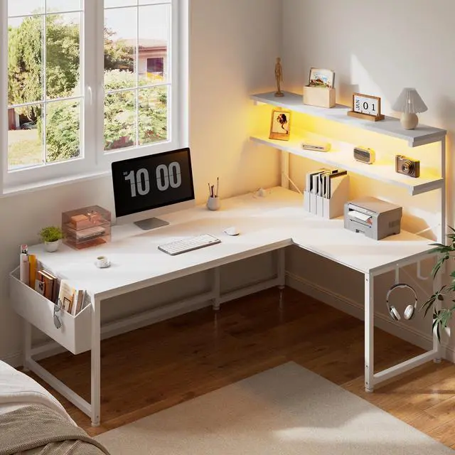 Alt view image 2 of 6 - L Shaped Desk Computer Desk with LED Light & Power Outlet, 43.3 Inch Reversible White Desk with Shelf & Storage Bag & Hook for Home Office, White