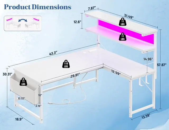 Alt view image 3 of 6 - L Shaped Desk Computer Desk with LED Light & Power Outlet, 43.3 Inch Reversible White Desk with Shelf & Storage Bag & Hook for Home Office, White