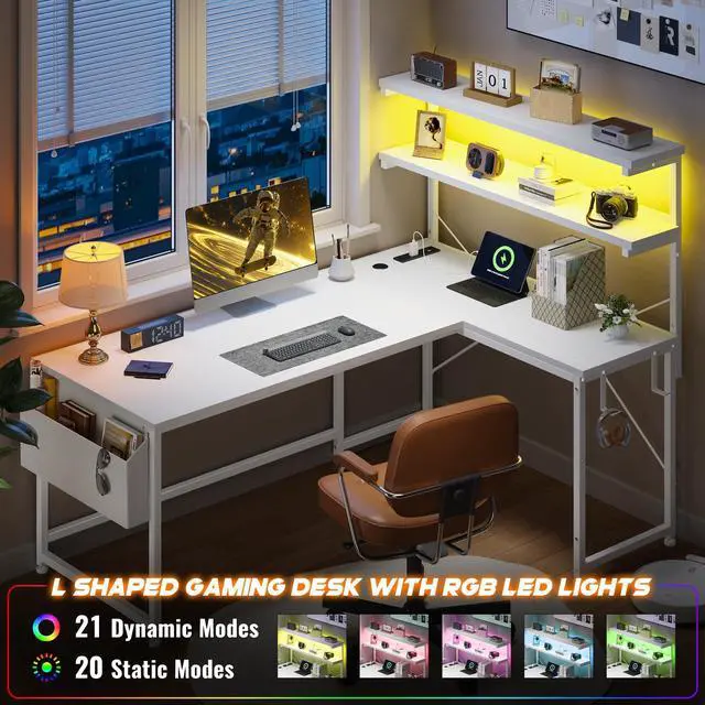 Alt view image 4 of 6 - L Shaped Desk Computer Desk with LED Light & Power Outlet, 43.3 Inch Reversible White Desk with Shelf & Storage Bag & Hook for Home Office, White