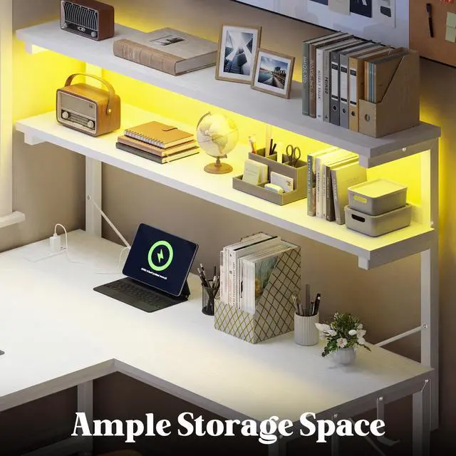 Alt view image 5 of 6 - L Shaped Desk Computer Desk with LED Light & Power Outlet, 43.3 Inch Reversible White Desk with Shelf & Storage Bag & Hook for Home Office, White