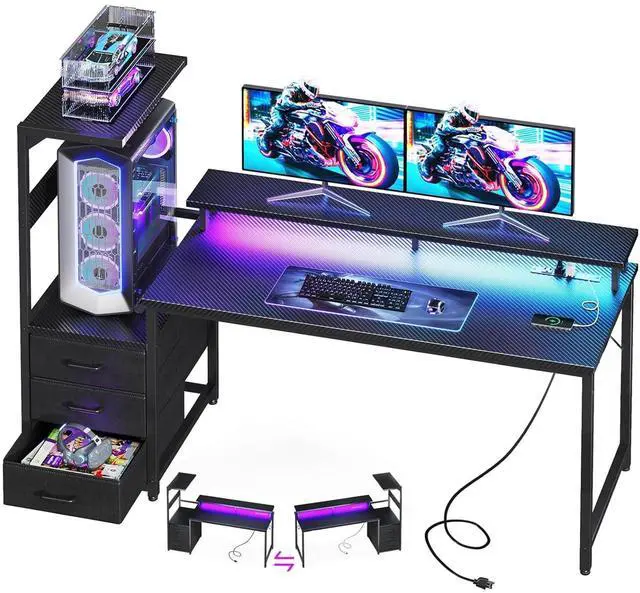 Main image of 59 Inch Gaming Desk with USB Charging Ports & LED Light - Reversible Computer Desk with 3 Fabric Drawers, Monitor Stand, CPU Stand, Modern Office Desk, Pure Black