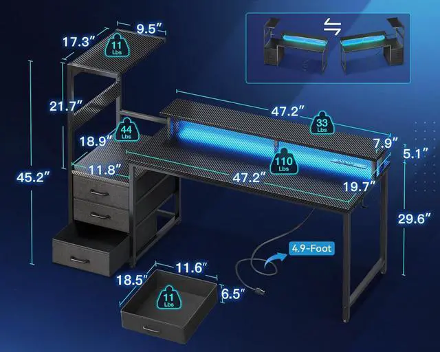 Alt view image 3 of 6 - 59 Inch Gaming Desk with USB Charging Ports & LED Light - Reversible Computer Desk with 3 Fabric Drawers, Monitor Stand, CPU Stand, Modern Office Desk, Pure Black