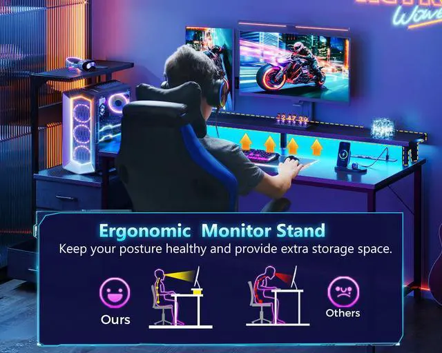 Alt view image 6 of 6 - 59 Inch Gaming Desk with USB Charging Ports & LED Light - Reversible Computer Desk with 3 Fabric Drawers, Monitor Stand, CPU Stand, Modern Office Desk, Pure Black