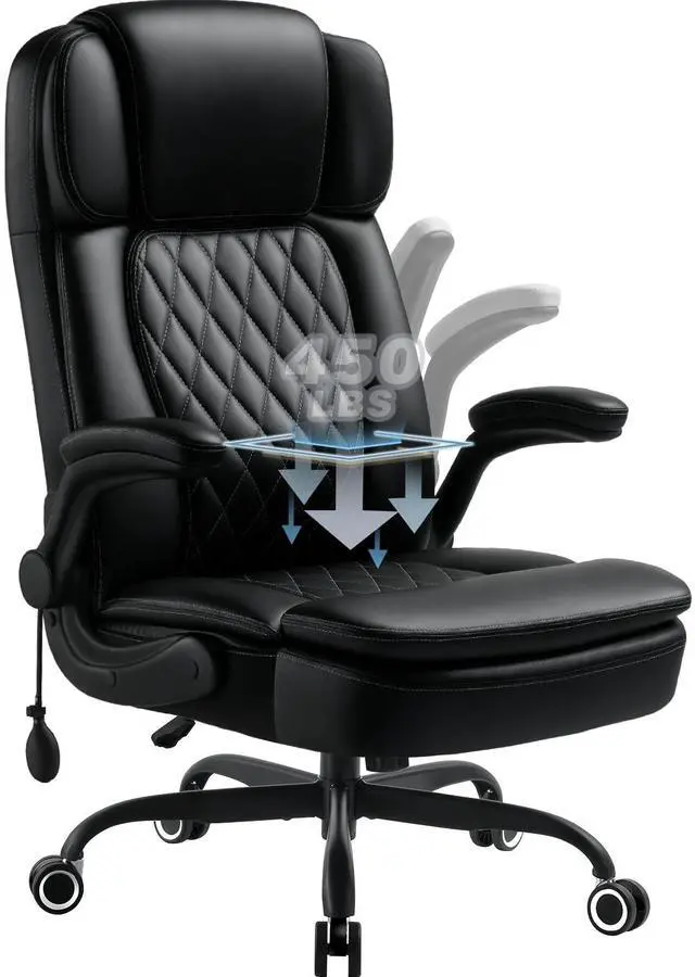 Main image of 450LBS Big and Tall Executive Office Chair with Flip up Arm, Heavy Duty PU Leather Computer Desk Chair,Comfortable High Back Swivel Home Office Chair with Rolling for Adults,Spring Cushion,Metal Base