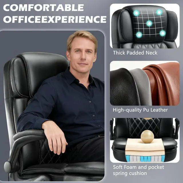 Alt view image 5 of 6 - 450LBS Big and Tall Executive Office Chair with Flip up Arm, Heavy Duty PU Leather Computer Desk Chair,Comfortable High Back Swivel Home Office Chair with Rolling for Adults,Spring Cushion,Metal Base