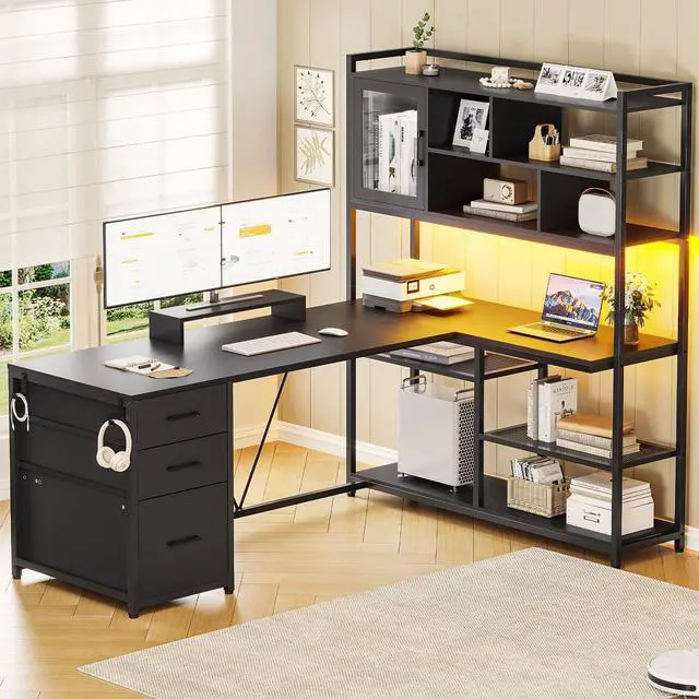 Main image of L Shaped Computer Desk, 58'' Office Desk with 3 Drawers and Bookshelf, L Shaped Corner Desk with Storage Shelves and LED Light for Home Office, Gaming Desk, L Desk, Black