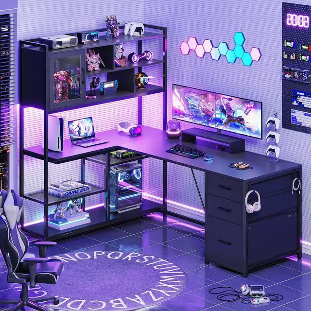 Alt view image 3 of 6 - L Shaped Computer Desk, 58'' Office Desk with 3 Drawers and Bookshelf, L Shaped Corner Desk with Storage Shelves and LED Light for Home Office, Gaming Desk, L Desk, Black