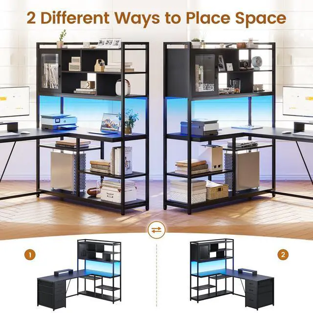 Alt view image 4 of 6 - L Shaped Computer Desk, 58'' Office Desk with 3 Drawers and Bookshelf, L Shaped Corner Desk with Storage Shelves and LED Light for Home Office, Gaming Desk, L Desk, Black