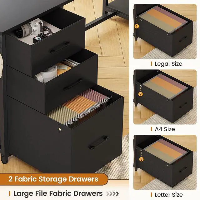 Alt view image 5 of 6 - L Shaped Computer Desk, 58'' Office Desk with 3 Drawers and Bookshelf, L Shaped Corner Desk with Storage Shelves and LED Light for Home Office, Gaming Desk, L Desk, Black
