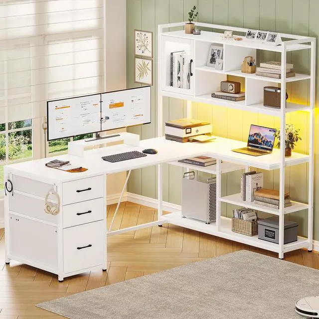 Main image of L Shaped Computer Desk, 58'' Office Desk with 3 Drawers and Bookshelf, L Shaped Corner Desk with Storage Shelves and LED Light for Home Office, Gaming Desk, L Desk, White