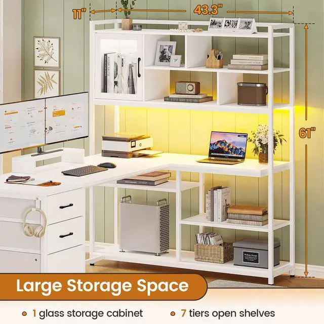 Alt view image 2 of 6 - L Shaped Computer Desk, 58'' Office Desk with 3 Drawers and Bookshelf, L Shaped Corner Desk with Storage Shelves and LED Light for Home Office, Gaming Desk, L Desk, White
