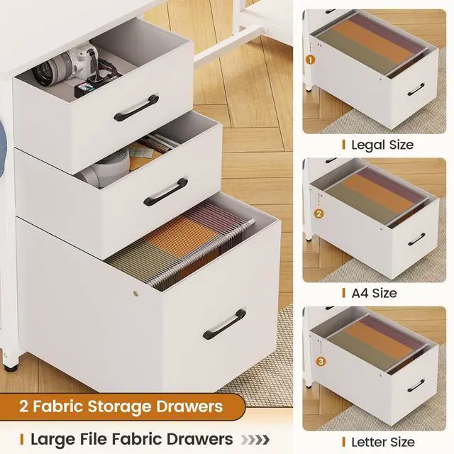 Alt view image 3 of 6 - L Shaped Computer Desk, 58'' Office Desk with 3 Drawers and Bookshelf, L Shaped Corner Desk with Storage Shelves and LED Light for Home Office, Gaming Desk, L Desk, White
