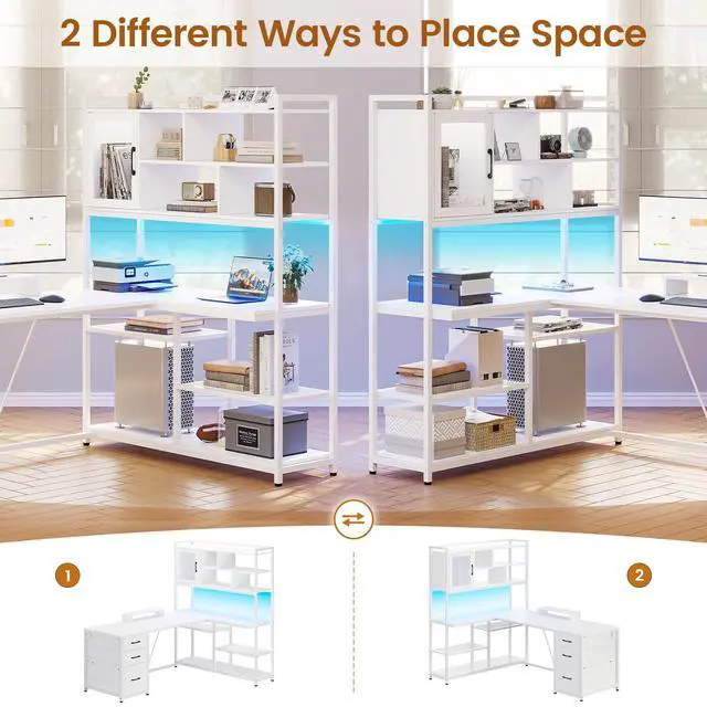 Alt view image 5 of 6 - L Shaped Computer Desk, 58'' Office Desk with 3 Drawers and Bookshelf, L Shaped Corner Desk with Storage Shelves and LED Light for Home Office, Gaming Desk, L Desk, White