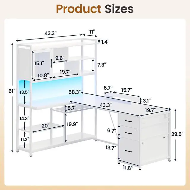 Alt view image 6 of 6 - L Shaped Computer Desk, 58'' Office Desk with 3 Drawers and Bookshelf, L Shaped Corner Desk with Storage Shelves and LED Light for Home Office, Gaming Desk, L Desk, White