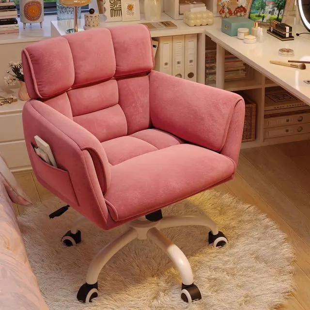 Main image of Home Office Chair with Wheels Soft-Touch Material,Modern Cute Vanity Chair with Back Adjustable Height Upholstered Comfy Desk Chairs with Side Pockets for Bedroom,Pink